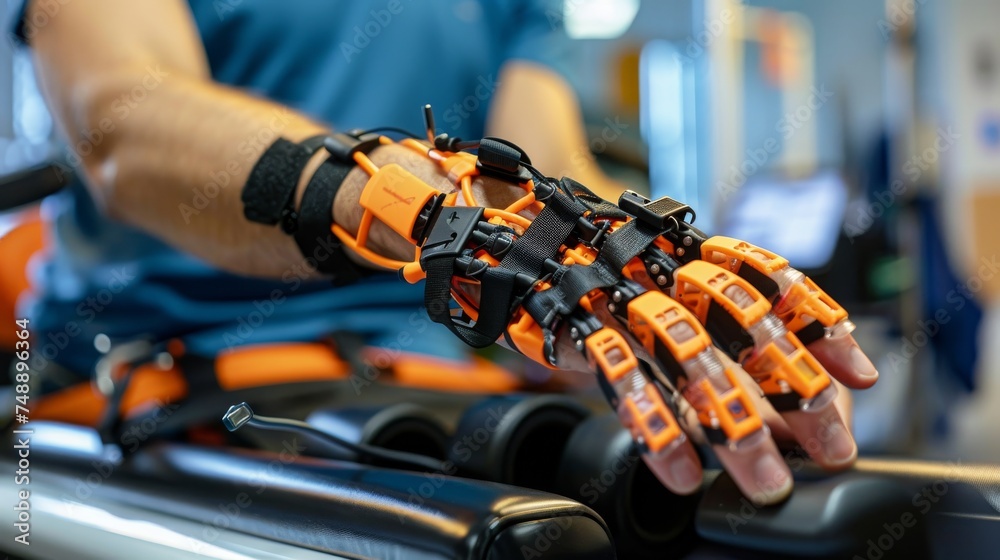 Advanced Robotic Hand Prosthesis in Use A close-up of a person's arm using a sophisticated orange robotic hand prosthesis, symbolizing cutting-edge medical technology. Advanced Robotic Hand Prosthesis in Use A close-up of a person's arm using a sophisticated orange robotic hand prosthesis, symbolizing cutting-edge medical technology.