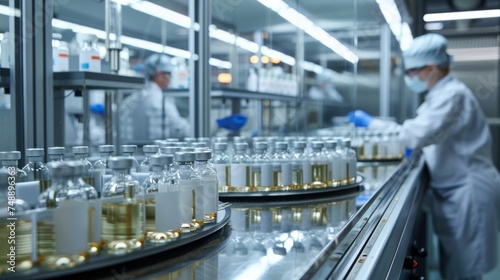 Pharmaceutical Production Line with Technicians Technicians in sterile environment oversee the pharmaceutical production line, ensuring quality control in medication manufacturing.