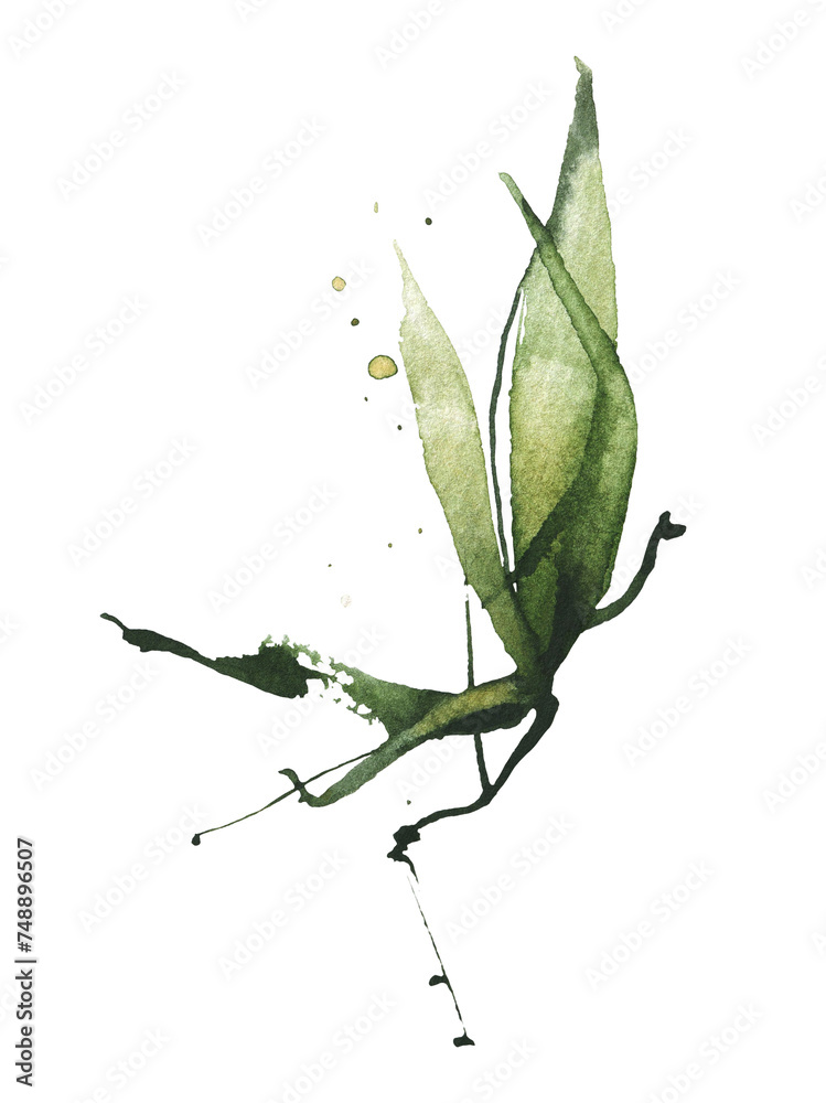 Obraz premium Watercolor hand painted green bamboo branch with leaves. Exotic greenery twig. Clipart watercolour illustration.