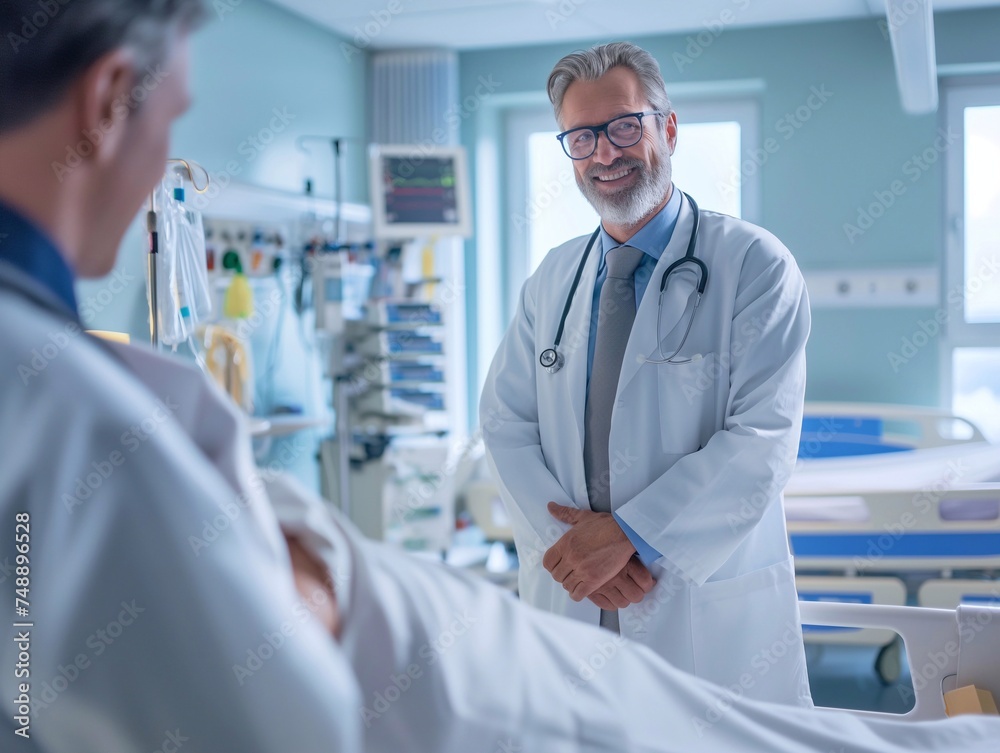 Doctor and patient discussing something while lying on the bed in hospital ward generative ai art
