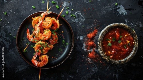Delicious fried coconut prawns on skewers served with sauce on isolated background. copy space