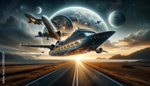 An AI-generated creative illustration that merges sea  air  and space travel  showcasing a cruise ship with airplane parts soaring on a runway towards celestial bodies.