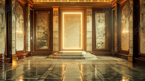 A large room with a golden door and a marble floor. The room is empty and has a very elegant and luxurious feel to it