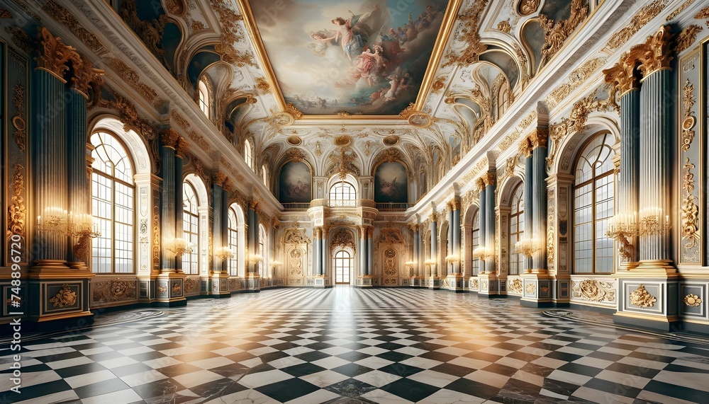This is a lavish hall with sunlight streaming through tall windows onto ...