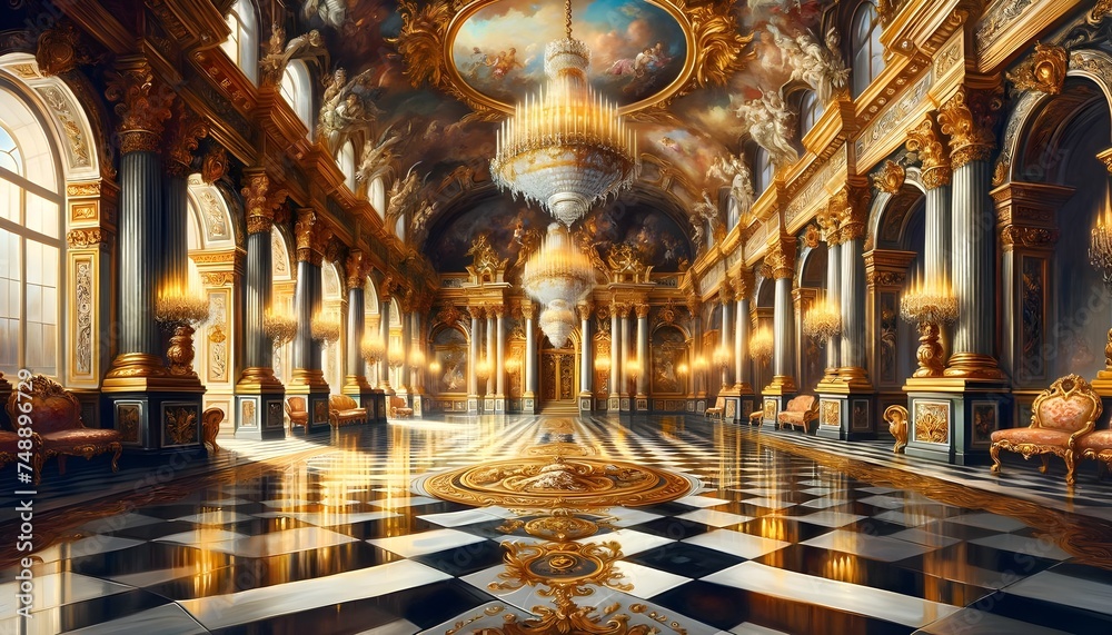 Obraz premium A grand, opulent palace hall with towering columns, intricate gold detailing, and a black and white checkered floor reflects the grandeur of classical European architecture.