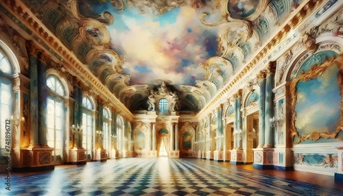 An impressionistic painting of an ornate gallery with a vibrant  cloud-adorned ceiling and sunlight cascading through large windows onto a tiled floor.  