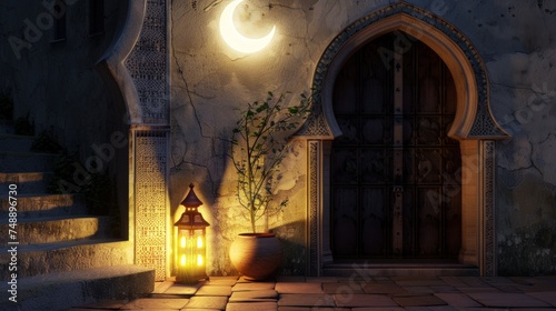 Crescent moon and lighted lanterns for mosque attributes. generative AI image © wikkie