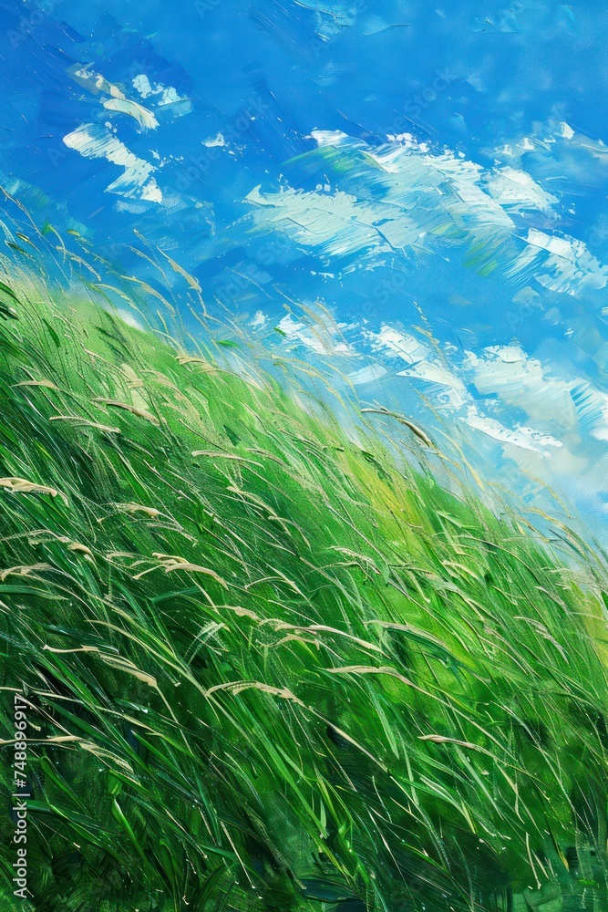 Vibrant green grass swaying with the movement, set against a clear blue sky with wispy white clouds, invoking a serene atmosphere Vibrant green grass swaying with the movement, set against a clear blue sky with wispy white clouds, invoking a serene atmosphere