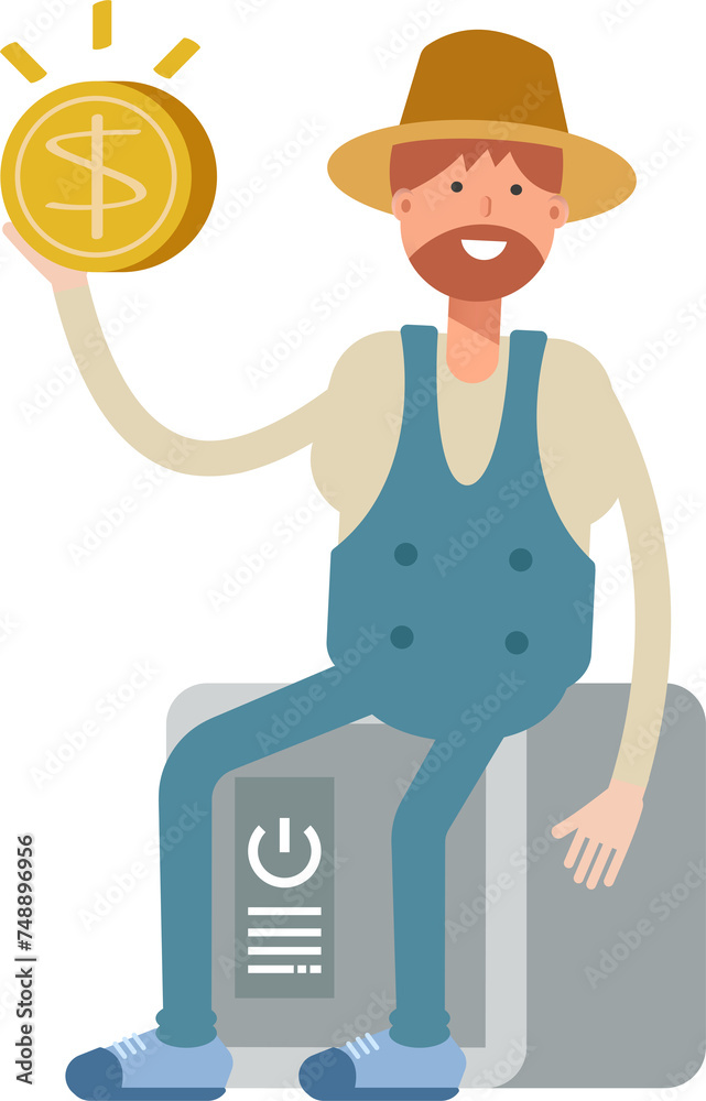 Farmer Character Sitting on Safe and Holding Dollar Coin

