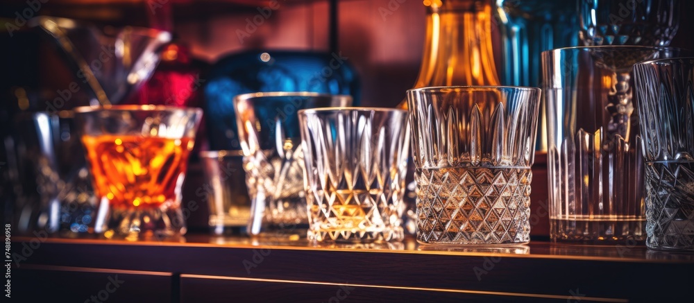 A close-up view of a table covered in a variety of glasses and bottles, creating a display in a home bar setting.