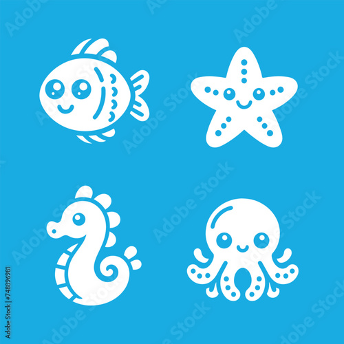 sea ​​inhabitants. Cute cartoon icon set. Starfish, fish, octopus, seahorse