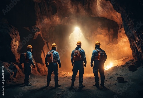 Group of men miners in protective clothing are standing in a cave, back view. Resource extraction industry. Professional inspector-workers in mineral cave. Ai generation