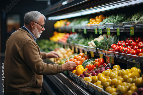 A man in a supermarket chooses vegetables on the shelf. photo