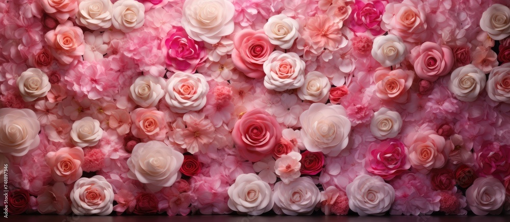 A bunch of rose flowers are neatly arranged on a wall, adding a touch of elegance and color to the space. The flowers are blooming and vibrant, creating a visually appealing display against the wall.
