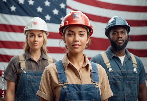 Group of multiracial workers men and women in protective hardhats and overalls on background of the American flag. Labor Day, Patriotism and Democracy concept. Ai generation photo