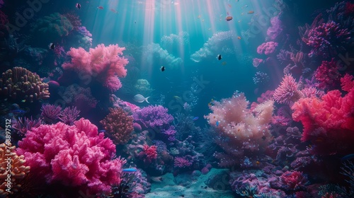 A bustling coral reef, home to an array of colorful fish, unfolds as an underwater paradise with radiant coral formations under beams of sunlight.