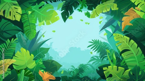Cartoon illustration of a vibrant jungle scene with an array of tropical leaves and a clear blue sky peering through photo
