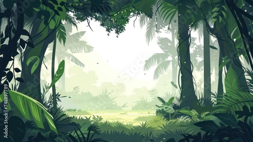 jungle illustration with a blank frame in the middle  resembling a book page  surrounded by lush greenery