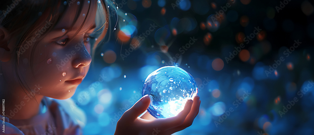 Naklejka premium Magic in Small Hands: Little Girl Mesmerized by a Blue Illumination