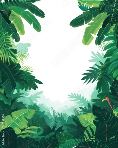 jungle illustration with a blank frame in the middle  resembling a book page  surrounded by lush greenery