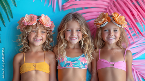 Illustration of three adorable little girls in colorful swimsuits cheerful and smiling on a stylized background © Ivana