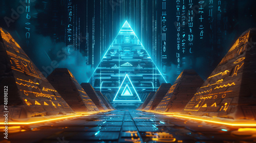 A vibrant digital art piece combining ancient Egyptian pyramids and hieroglyphs with futuristic neon light patterns and digital rain.