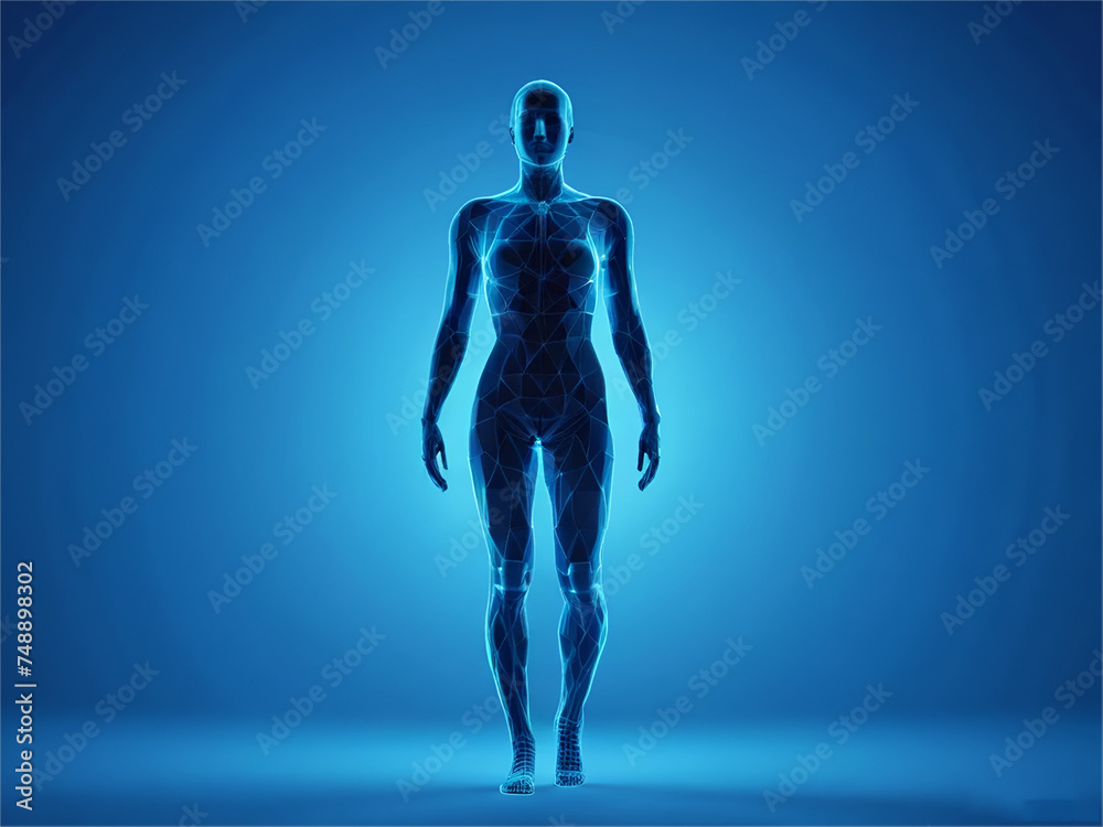 Digital human body. Polygonal wireframe silhouette. on blue background. Technology futuristic man or woman 3d model Digital human body. Polygonal wireframe silhouette. on blue background. Technology futuristic man or woman 3d model