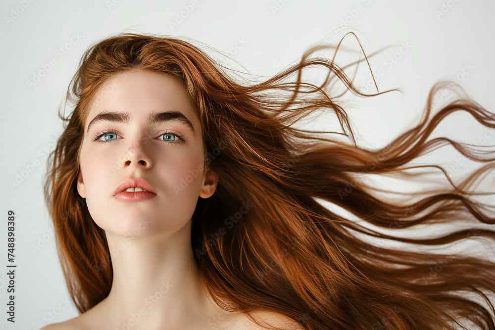 Beautiful young woman with long red hair on white background Beautiful young woman with long red hair on white background