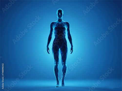 Digital human body. Polygonal wireframe silhouette. on blue background. Technology futuristic man or woman 3d model