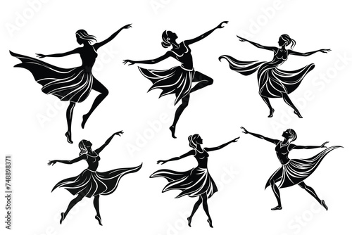 Collection of dancing girl linocut silhouette illustration vector