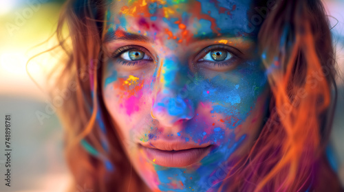 portrait photo of a young beautiful girl face covered in holi color powders