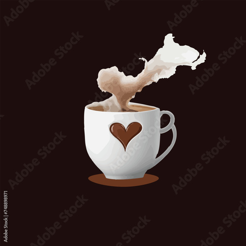 a joyful coffee mug with steam forming a heart shape black background
