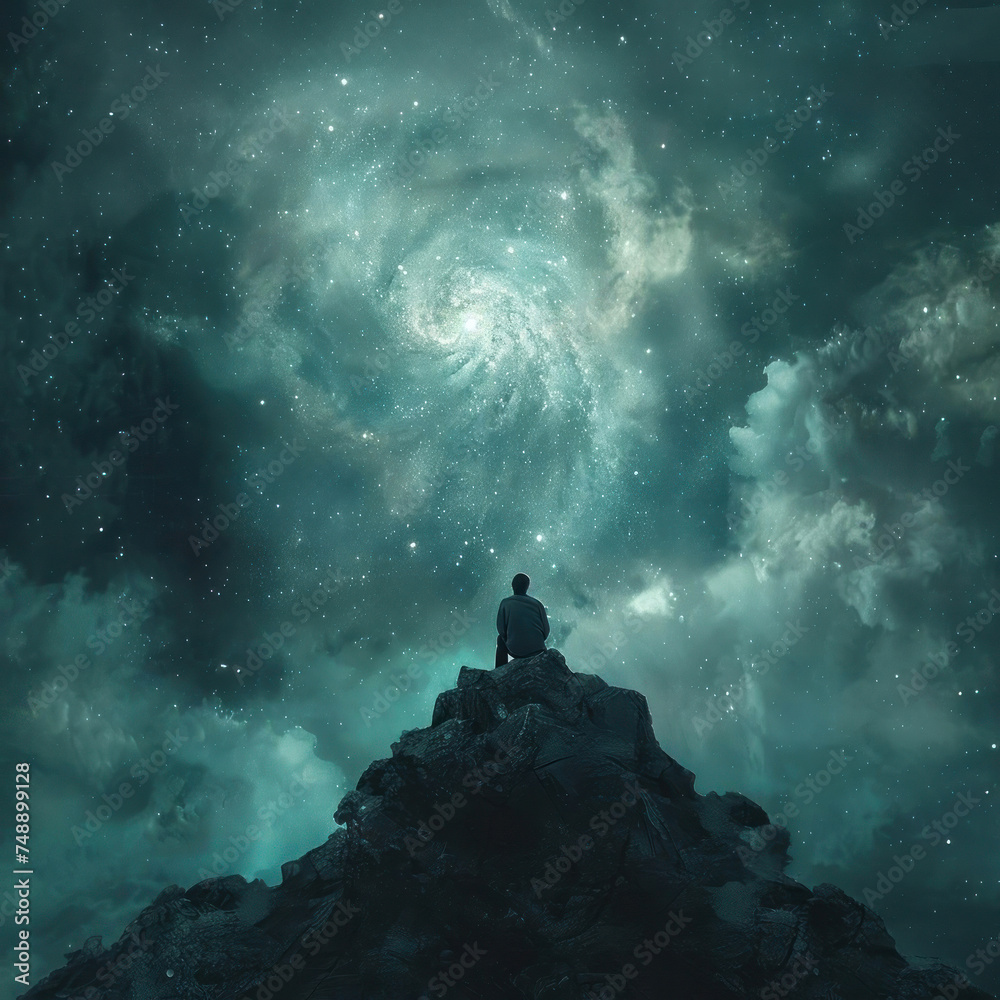 Discover the cosmic wonder as a lone figure gazes into the swirling galaxy from a rocky perch Discover the cosmic wonder as a lone figure gazes into the swirling galaxy from a rocky perch