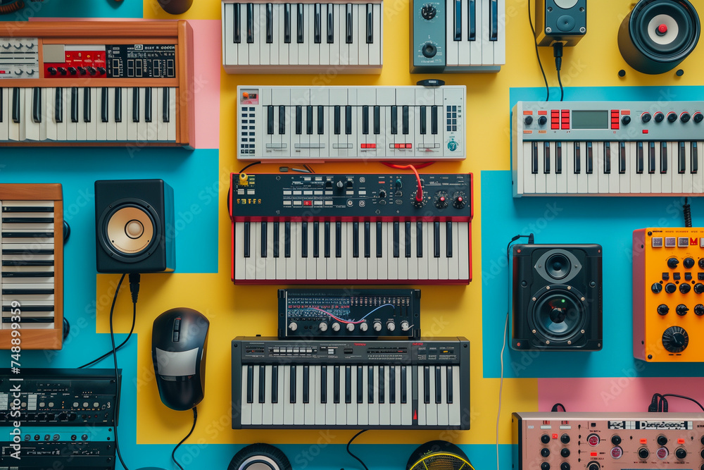 an array of 10 music equipments, each surrounded by digital wave sounds, showcasing the harmony between technology and melody in a colorful display. - obrazy, fototapety, plakaty 