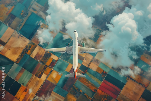 A top view of an airplane gliding over a patchwork of fields.