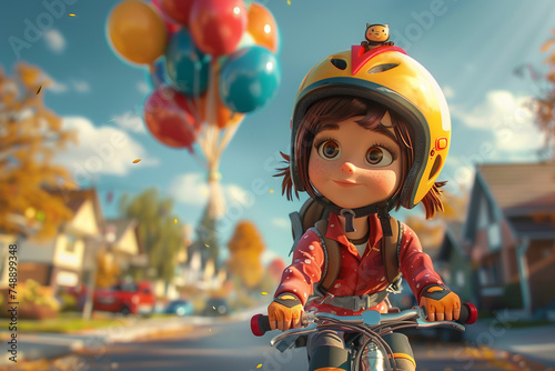 Animated 3D of a little girl on a bicycle, helmet and knee pads on, colorful balloons tied to the bike, cheerful suburban neighborhood background.