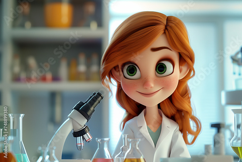 Cartoon-style 3D caricature of a cheerful girl in a scientist's lab coat, with beakers and a microscope.