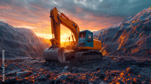 Excavator in open pit mining Excavator on earthmoving on sunset Loader on excavation Earth Moving Heavy Equipment Earth mover ar construction site Backhoe Loader on Road construction photo