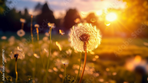 Fancy fluffy white dandelion with seeds flying in the wind. Macro shot of summer nature scene. Blurred background of summer meadow at sunrise or sunset. Close-up. Copy space.