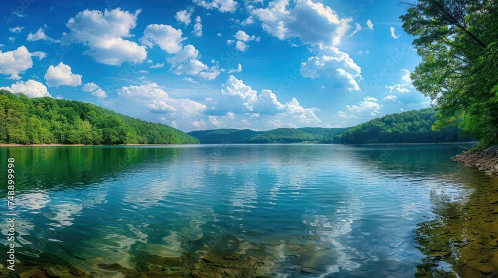 The serene panoramic view of the calm lake beneath the blue summer sky evokes a tranquil atmosphere. The photo is taken from the rocky shore of the lake The serene panoramic view of the calm lake beneath the blue summer sky evokes a tranquil atmosphere. The photo is taken from the rocky shore of the lake