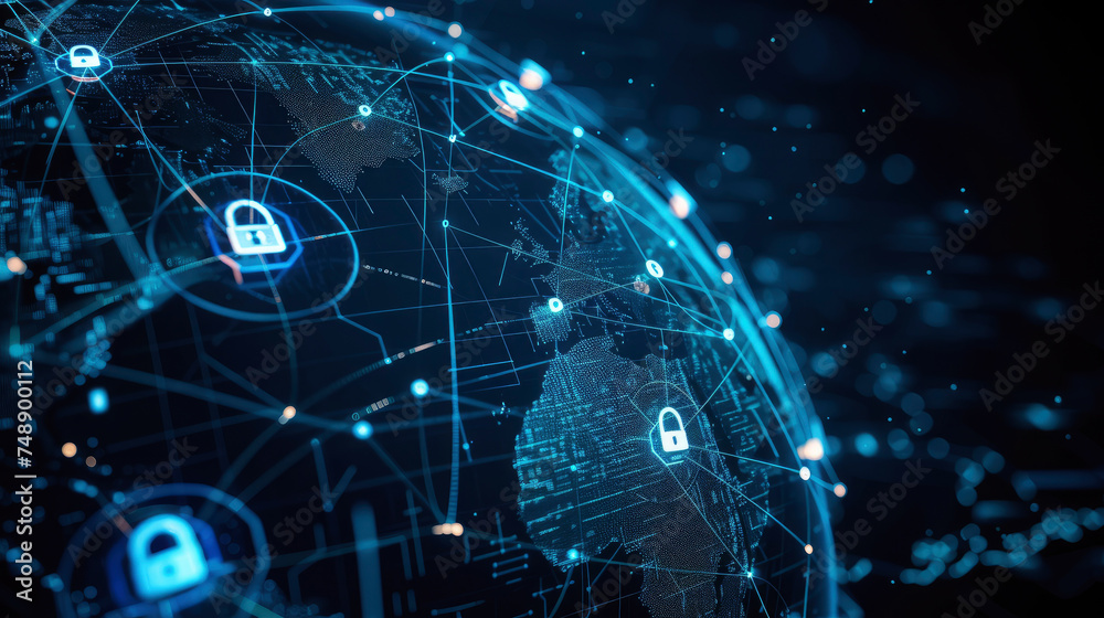 A globe adorned with digital connections such as luminous lines or dots and a padlock emblem illustrating the concept of global data security and the expansive reach of cybersecurity A globe adorned with digital connections such as luminous lines or dots and a padlock emblem illustrating the concept of global data security and the expansive reach of cybersecurity