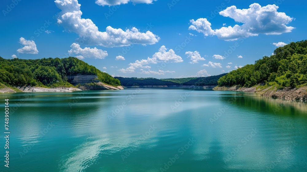 Panoramic landscape of blue sky over a serene lake on a beautiful summer day. Panoramic landscape of blue sky over a serene lake on a beautiful summer day.