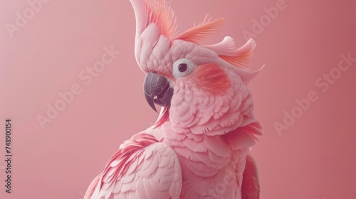A close-up of a stunning pink cockatoo with its crest raised, posing against a soft pastel pink background © vannet