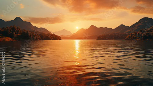 Beautiful sunset landscape of a mountain lake