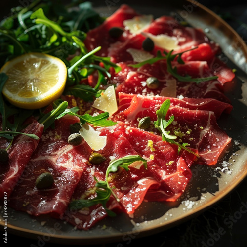 Indulge in a plate of gourmet beef Carpaccio, elegantly garnished with arugula photo