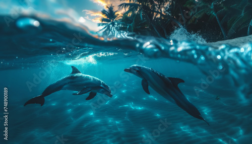 Dolphins swim on the sea waves. © Ренат Хисматулин
