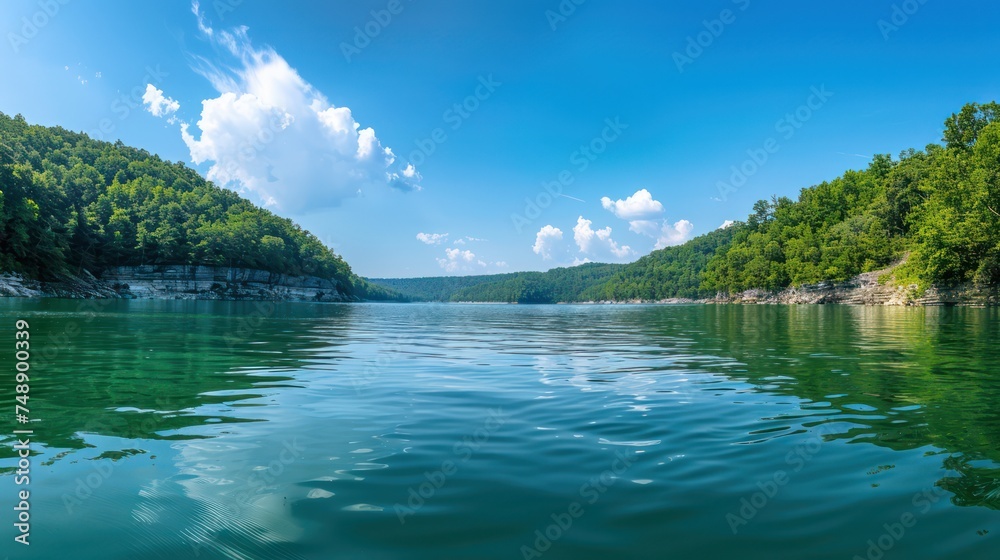 Panoramic landscape photo for a website featuring a clear blue sky over a serene lake on a beautiful summer day.