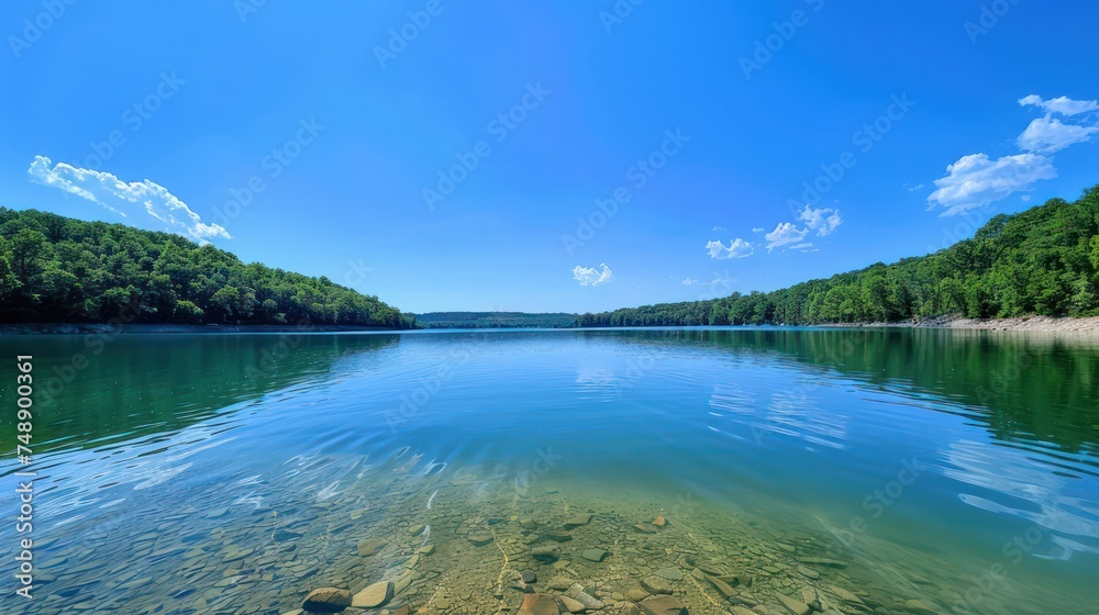 Panoramic landscape photo for a website featuring a clear blue sky over a serene lake on a beautiful summer day. Panoramic landscape photo for a website featuring a clear blue sky over a serene lake on a beautiful summer day.