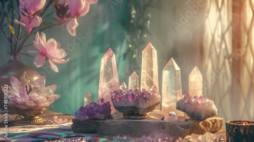 Reiki crystals altar. Creating sacred meditaion space with good vibes for home, relaxation and mental health photo