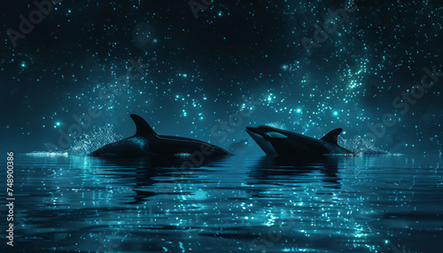Killer whales swim in the depths of the night ocean.